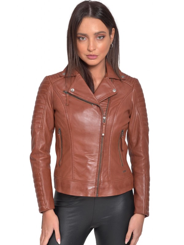 ELECTRA SHEEP COGNAC - AUTHENTIC WOMENS COGNAC LEATHER JACKET 