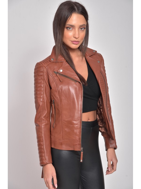 ELECTRA SHEEP COGNAC - AUTHENTIC WOMENS COGNAC LEATHER JACKET 