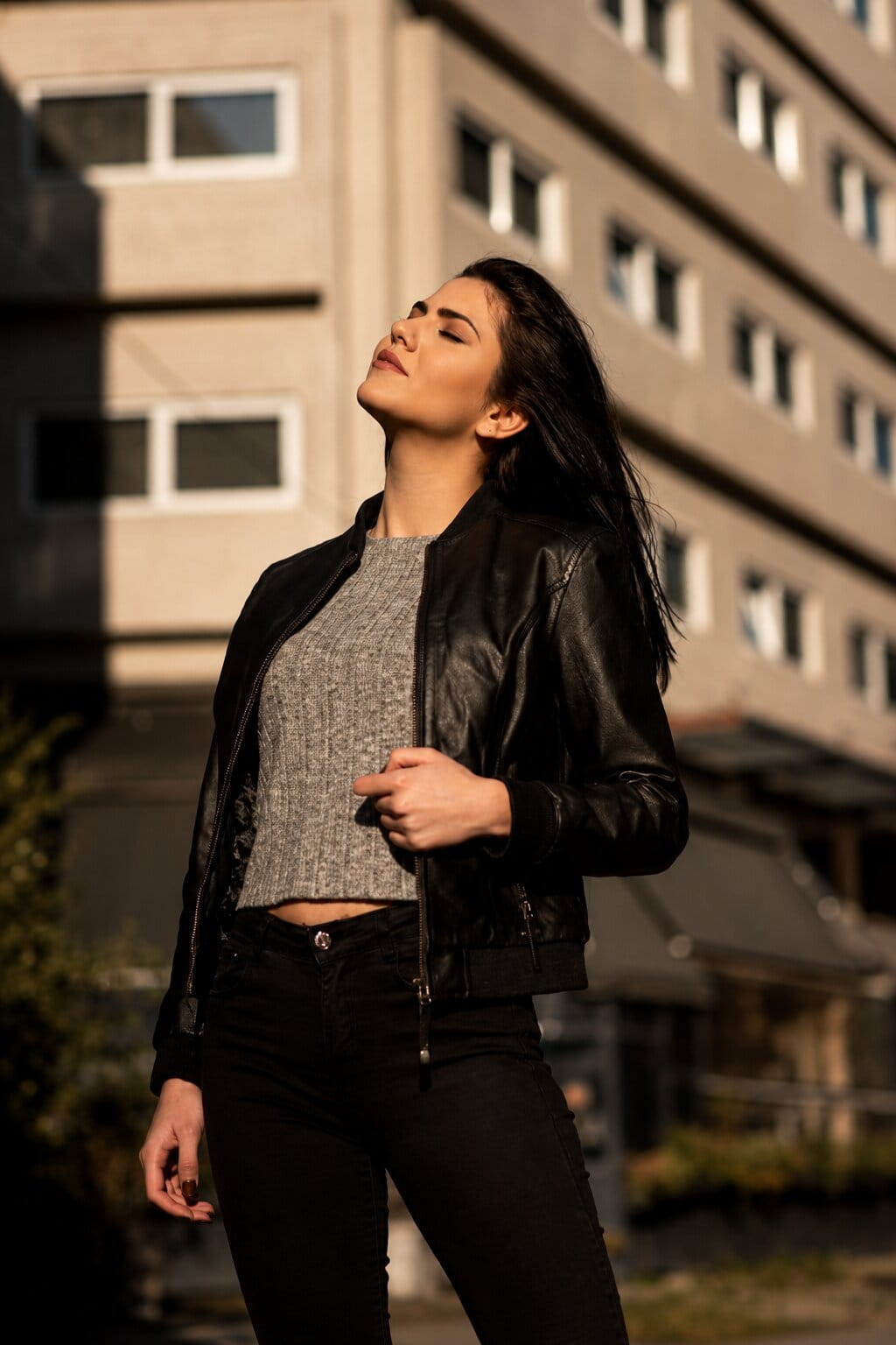 Woman wearing a premium leather jacket